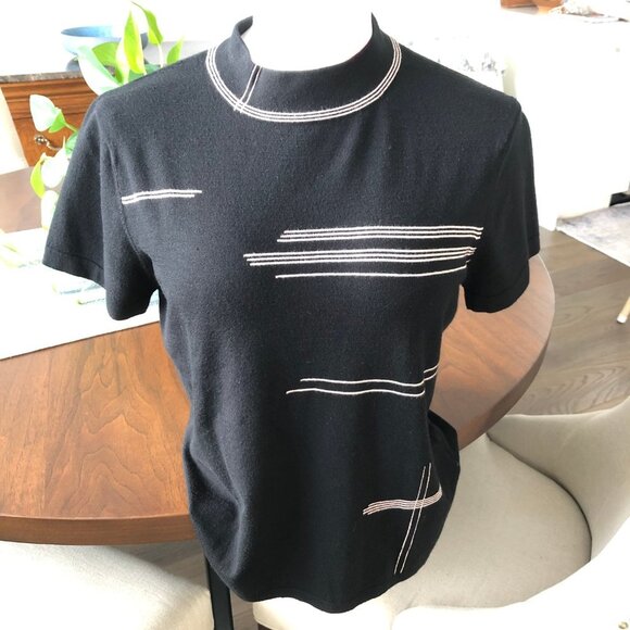 Vintage Key West Lady's Fashion SS Mock Collar Knit Retro Sweater Black Pink M/L - Picture 2 of 9